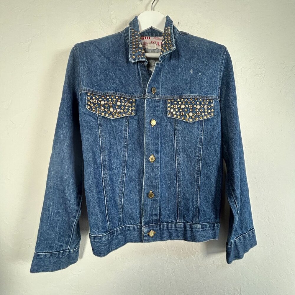 Vintage Boy Blue Denim Jacket With Studded Pockets & Collar 100% Cotton Small Ma